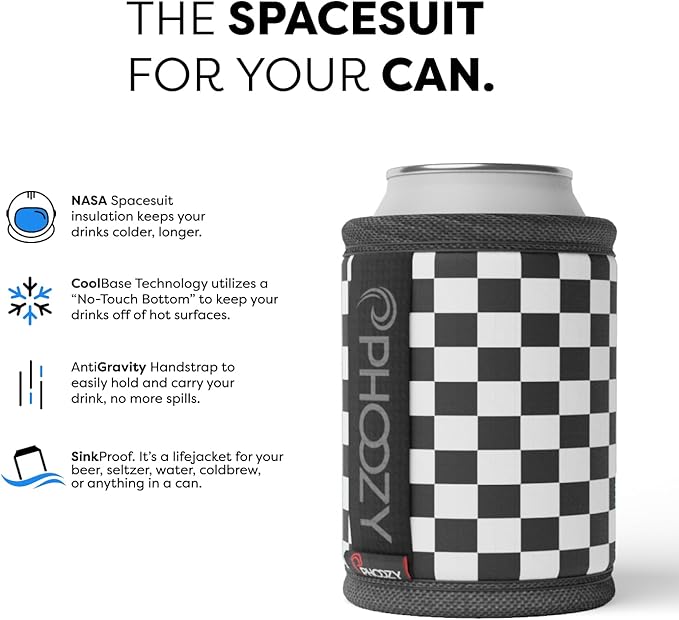 PHOOZY Insulated Can Cooler for 12oz Cans with NASA-Inspired Technology - Patented Koozie That Keeps Drinks Cold 10x Longer - Lightweight Beer Koozie for Outdoor Adventures - Checkered