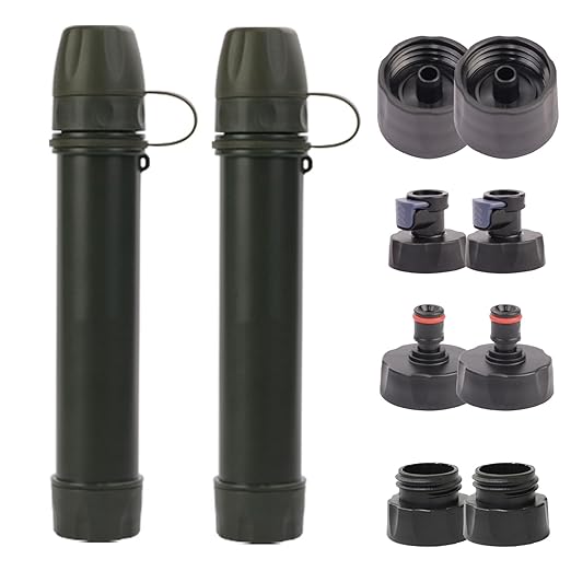 2 Pack Survival Water Filter Straw for Hiking & Camping, 2025 Personal Portable Water Purifier, 3000L Long Life, Includes Bottle & Hydration Bladder Adapters (2, Dark Green, 3x3x19.3cm)