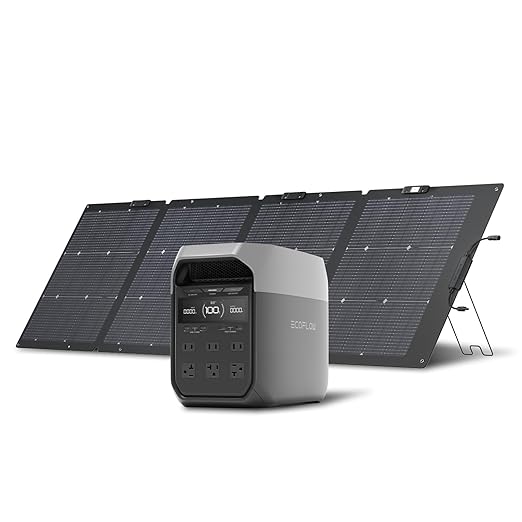 EF ECOFLOW Solar Generator Delta 3 with 220W Bifacial Solar Panel, 1024Wh Portable Power Station, LFP Battery 1800W AC/100W USB-C Output, Full Charge in 56 Min for Home Backup Power, Camping & RVs