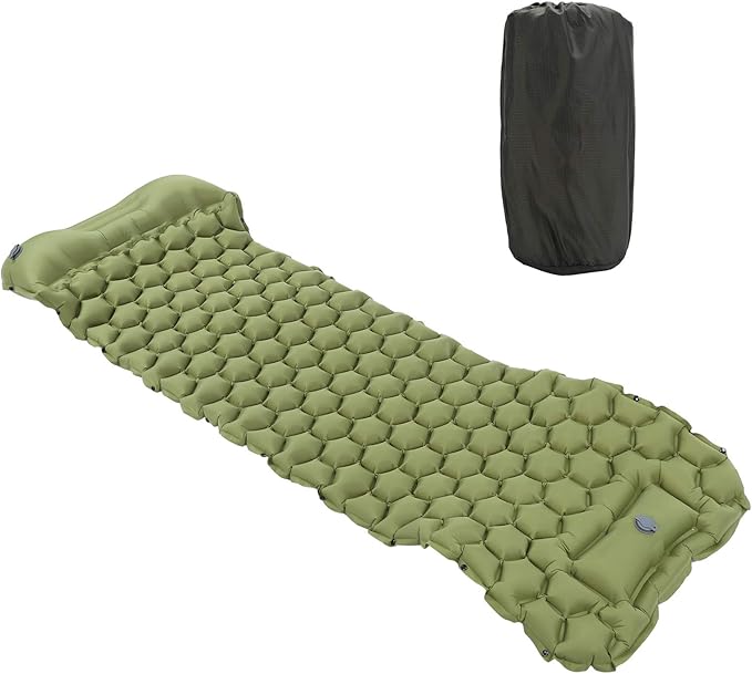 Camping Sleeping Pad Mat Foot Press Inflatable Cushion Mattress, Durably 40D Nylon TPU Laminate, Lightweight 700g, Compact Folding Size for Tent Hiking Travel (Green)