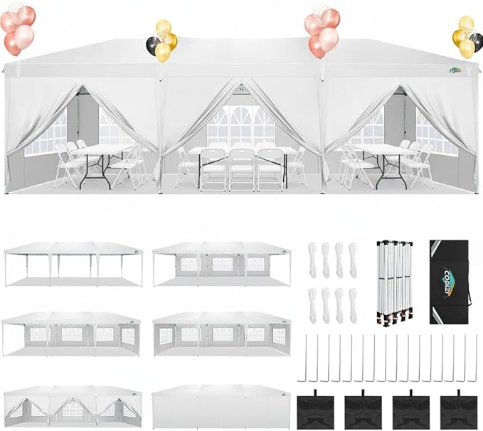 COBIZI 10x30 Pop Up Canopy Tent Commercial Instant Shelter with 8 Sidewalls, Durable Waterproof Portable Gazebo UPF 50+ for Outdoor Party, Wedding, Vendor Events (White)