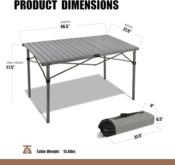 Portable Outdoor Camping Table, Oversize Aluminum Roll Up Lightweight Folding Table for Picnic, Barbecue, Beach, Tailgating, Party, Backyard, Indoor and Outdoor, Stable and Durable
