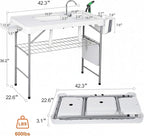 GarveeLife Folding Fish Cleaning Table, Portable Camping Double Sinks Table w/2 Dual Water Basins, Faucet Drainage Hose & Sprayer, Outdoor Fish Fillet Cleaning Station w/Storage Box