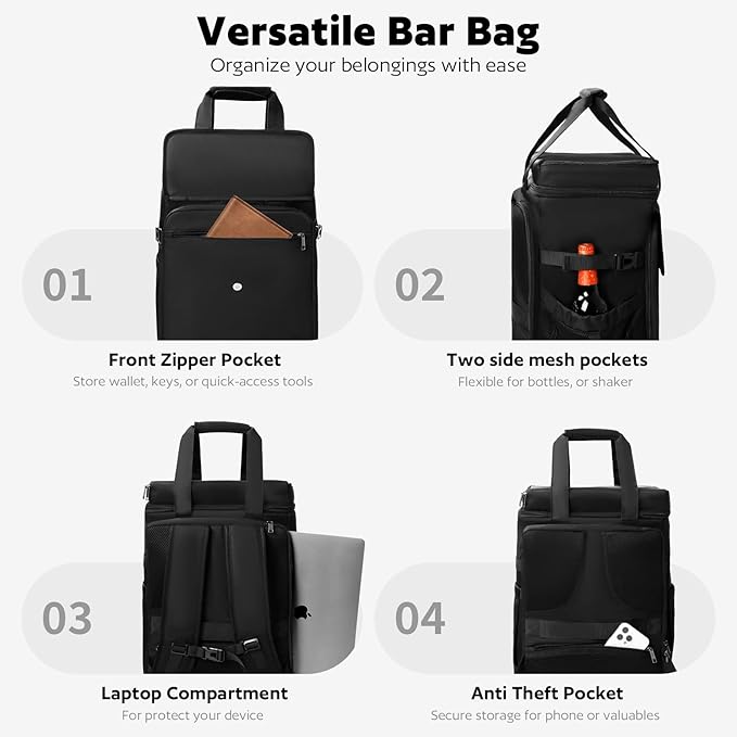 Bartender Bag, Leakproof Travel Bartender Kit Backpack for Carrying Bar Kit, Portable Bar Bag for Cocktail Shaker and 6 Wine Bottle, Professional Mixology Gift for Travel Home Party (Backpack Only)