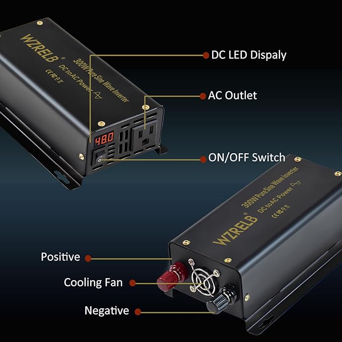 WZRELB 300W Pure Sine Wave Power Inverter 600W Peak DC 48V to 110V AC Car Adapter Off Grid with LED Display