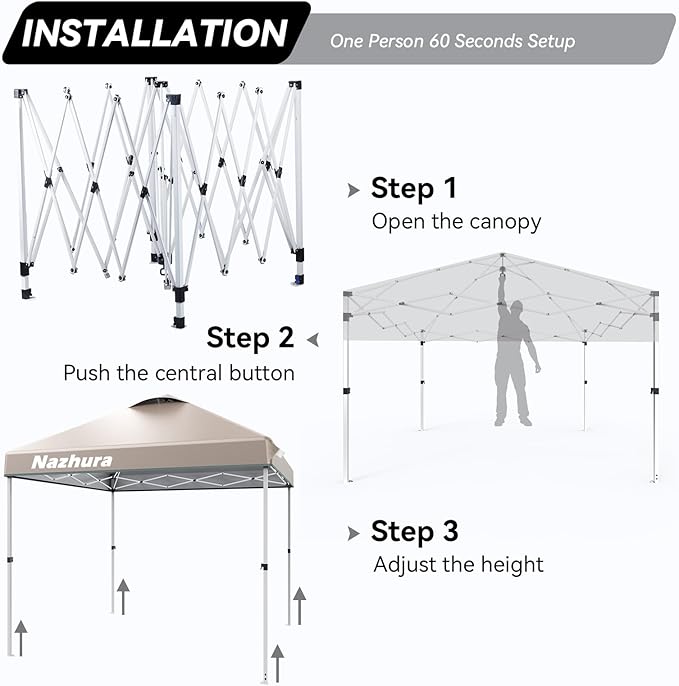Nazhura 10' x 10' Pop Up Canopy Tent with Sand Weight Bag, Awing for Patio, Freestanding Sun Shelter for Picnic and Camping, One Person Setup, White (Kahki)