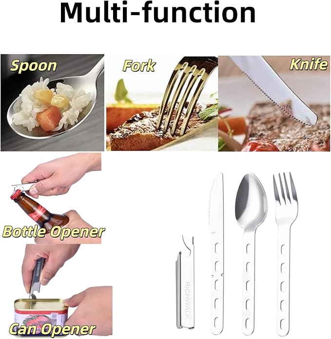 4-in-1 Camping Spoon Fork Knife Combos Set of 4 - Portable Stainless Steel Flatware Spoon Fork kit - forks Knife & Bottle Opener Combo Pack for Picnic Hiking Travel
