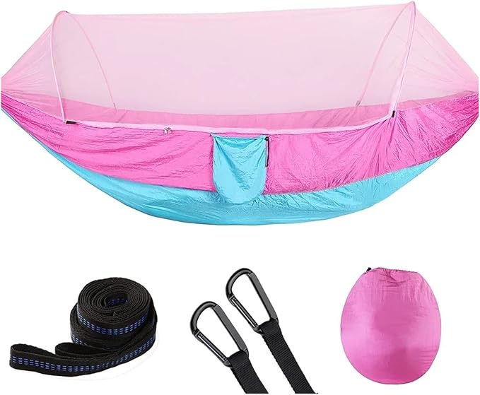 Compatible For Camping Hammock With Mosquito Net Pop-Up Light Portable Outdoor Parachute Hammocks Swing Sleeping Hammock Camping Stuff(Pink)