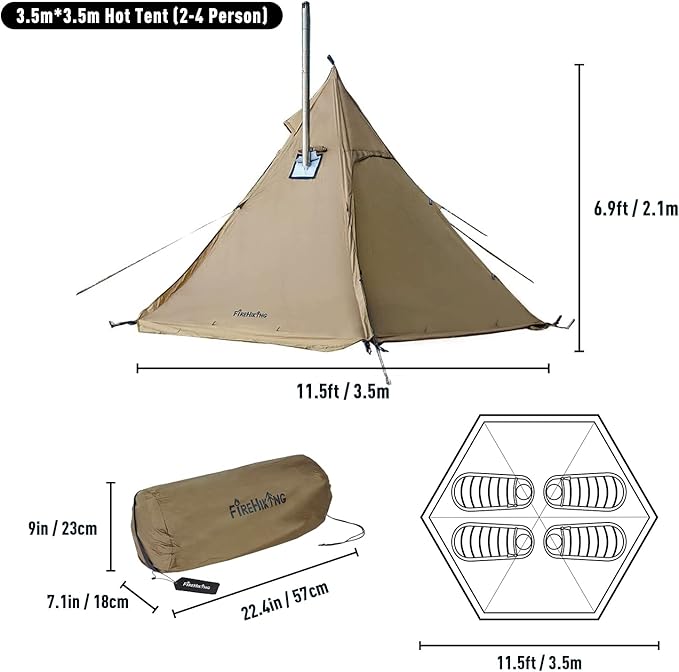 FIREHIKING Camping Hot Tent 2-4 Person Teepee Tent with Stove Jack for Backpacking Hunting 11'6" x 6'11" | with Stove Jack, for Backpacking, Hunting