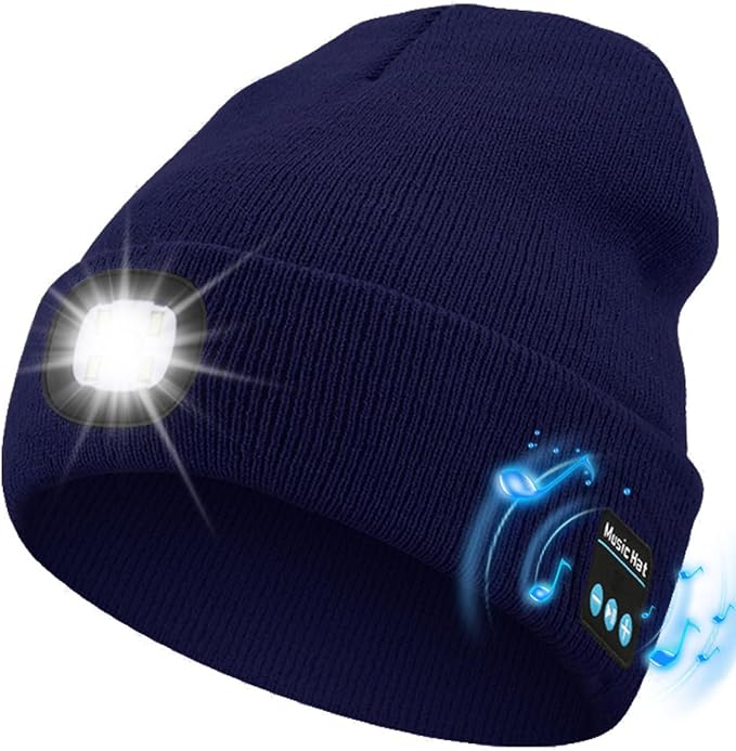 Bluetooth Beanie with Light, USB Rechargeable LED Headlamp Winter Hat, Men Women Valentine's Day Gifts