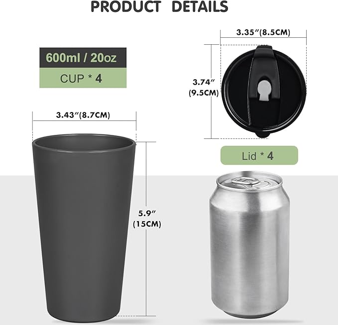 4 Pack Plastic Travel Coffee Mug Set, 20 oz Spill Proof Drinking Cups with Lids, Pobtable to Go Camping Coffee Tumbler Reusable Coffee Mugs with Lids, Dishwasher & Microwave Safe