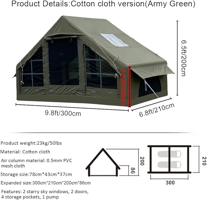 Large Luxury Inflatable Camping Tent Cotton Canvas Tent, Breathable and Waterproof Air Tent with Skylight and Stove Jack Hole for for 4-6-8-10 Person Family Camping