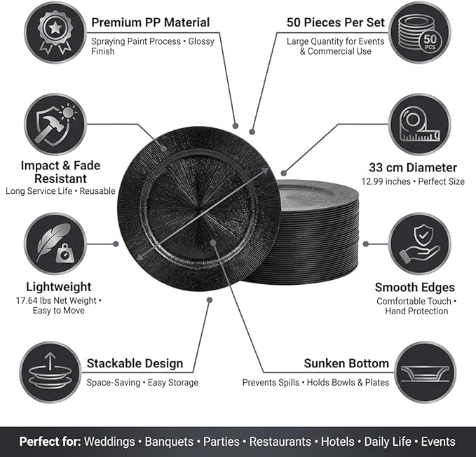 DYRABREST 50 Pcs 13 Inch Charger Plates, Bulk Round Charger Plates Plastic Wedding Dinner Elegant Reusable for Table Setting Wedding Party Event Tabletop Setting Decor (Black)