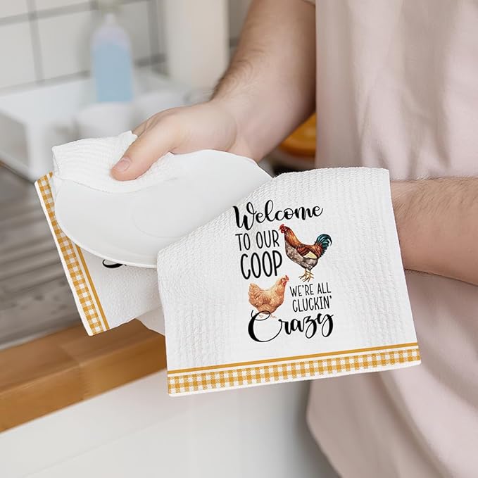 2Pcs Funny Kitchen Towels 24x14 Inch, Rooster Chicken Kitchen Decor Waffle Weave Hand Towels for Farmhouse, White Absorbent Microfiber Dish Cloth Tea Towel Chicken Gifts for Women Mom 5