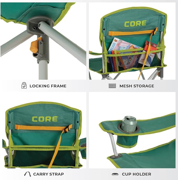 CORE Youth Quad Chair | Folding Chair with Cupholder for Indoor Home or Outdoor Camping | Perfect for Concert Seat, Sports, Beach, Travel & Picnic (Green)
