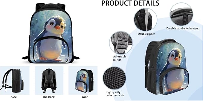 Penguin School Backpack Set for Boys Elementary School Bookbags with Lunch Box and Book Sleeve Casual Primary Bookbag Kindergarten Schoolbags 3 in 1