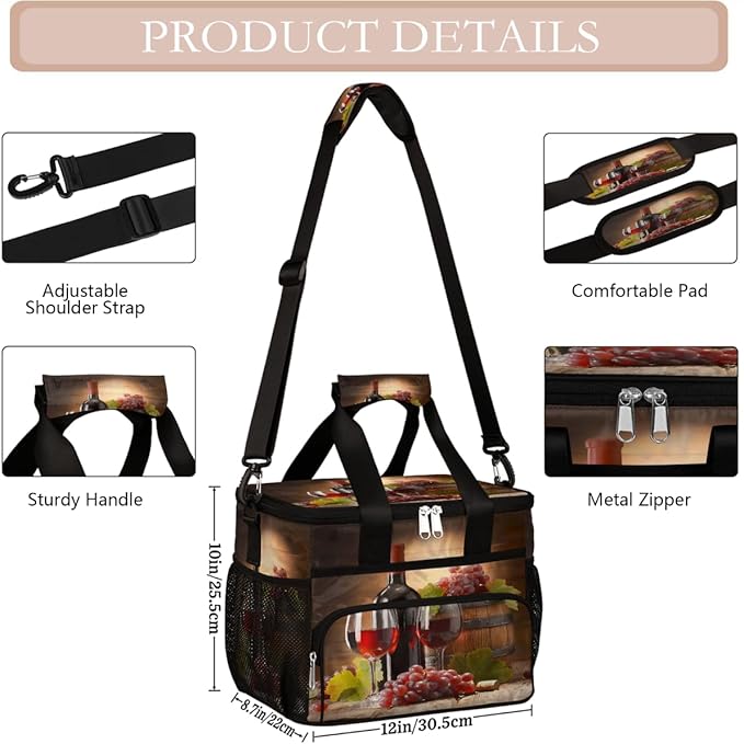 Grapes Wine Soft Cooler Bag Insulated Lunch Box for Men & Women, Large Leakproof Lunch Bag Portable Beach Cooler for Work, Picnic, Road Trips,Fishing, Travel, Camping,A-7