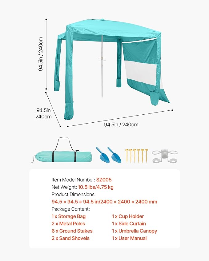VEVOR Beach Cabana, 8 x 8 ft Beach Canopy with Side Wall, UPF 50+ Protection Easy Setup Cabana Tent with Sand Pockets, Adjustable Height Portable Shade Sun Shelter Umbrella for Family & Friends, Green
