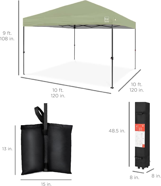 Best Choice Products 10x10ft Pop Up Canopy Tent, Outdoor Shade, 1 Person 1 Minute Set Up, Carry Case, 4 Weight Bags - Sage Green