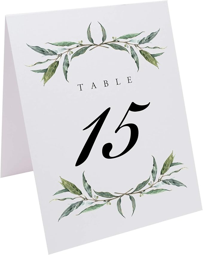 Laurel Wreath and Greenery Wedding Table Numbers, 1-35, Double Sided, Tent or Use in a Stand, Great for Parties & Restaurants - Made in the USA