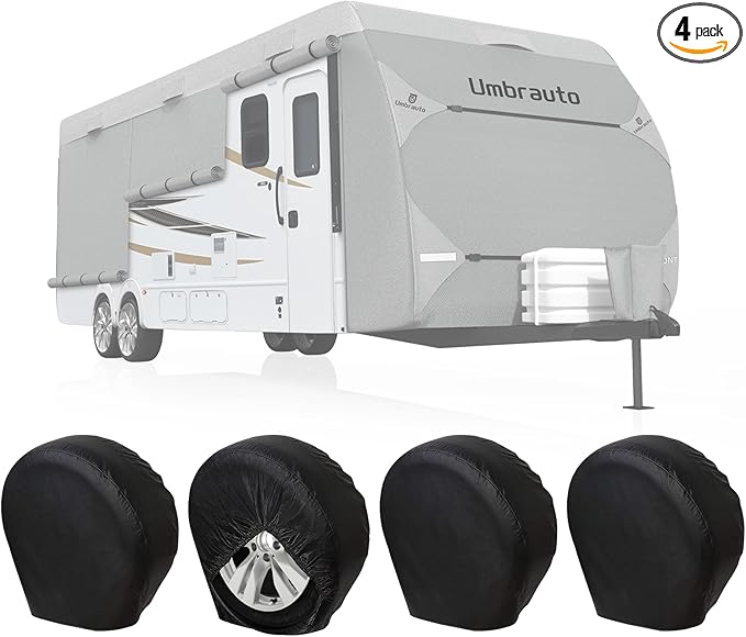 Rough Vinyl Tire Covers 4 Pack, Waterproof Wheel Protectors with Lining for RV, Travel Trailer, Camper, Motorhome, SUV, Car, Truck, Boat Trailer (Black, XL - Fits Tire Diameters 33"-35")