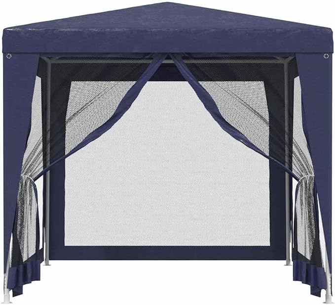 Party Tent with 4 Mesh Sidewalls Blue 8.2'x8.2' HDPE Heavy-Duty Iron Frame Waterproof Roof for Outdoor Events Shelter