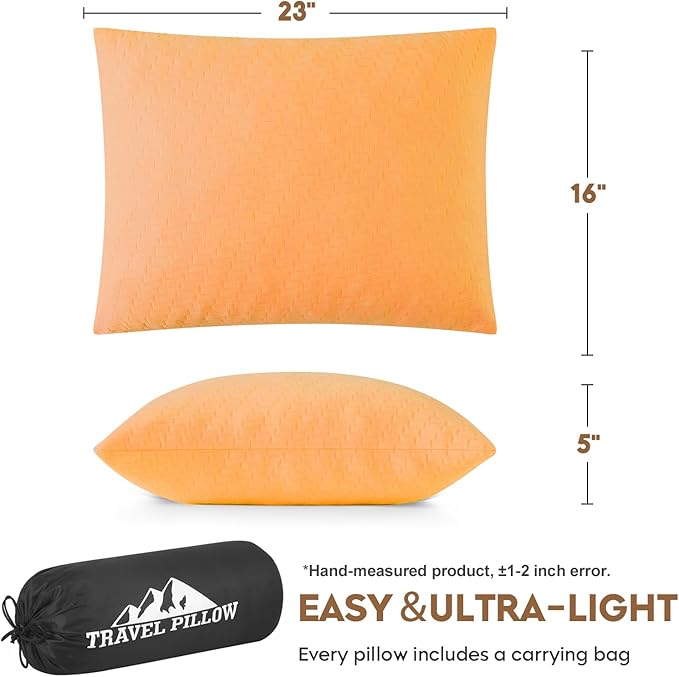 Small Shredded Memory Foam Pillow, Camping Pillow Travel Pillow - Compressible Medium Firm, Breathable Cover, Ideal Backpacking Hiking, Airplane and Car (Apricot Yellow, L)