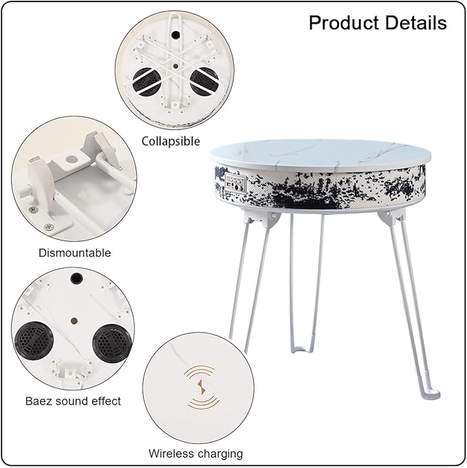 Louis Donné Smart musicTable with Bluetooth Speaker & Wireless Charging Station, Portable FoldableTable with 10W 360° Stereo Sound, Sensor Night Light, Waterproof Outdoor Camping Party Table (White)