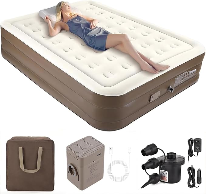 Air Mattress Queen with Built-in Battery Powered Removable Pump, Blow Up Mattress, Strong Support All Night, No Lost Air,Compact Inflatable Air Bed for Home Guests Camping