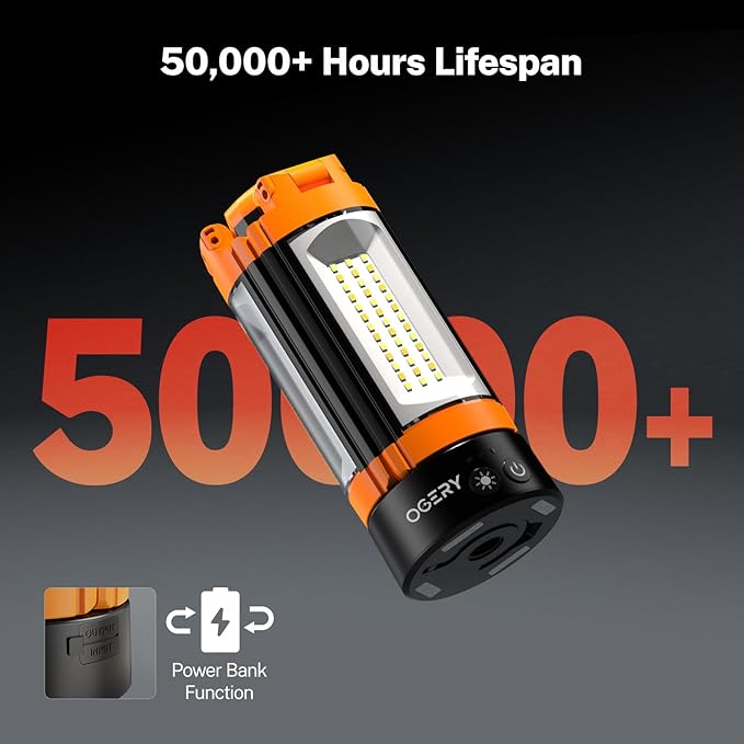 OGERY Rechargeable 10000mAh Camping Light with Stand 6.5 ft Max Height, Cordless Work Light with 3 LED Lamp Heads, 2200 Lumens Camping Essentials Gear Emergency Flashlight with Detachable Tripod