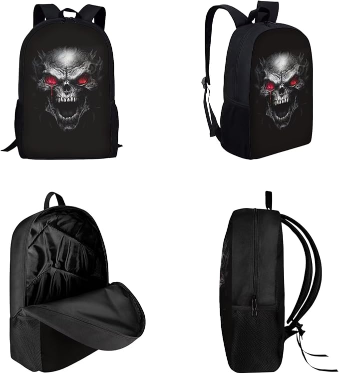 3PCS Skull Print Blue School Bag, 17 Inch Laptop Bookbag Daypack Knapsack Rucksack Lunch Bags Pen Case for College Student
