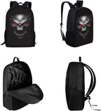 3PCS Skull Print Blue School Bag, 17 Inch Laptop Bookbag Daypack Knapsack Rucksack Lunch Bags Pen Case for College Student