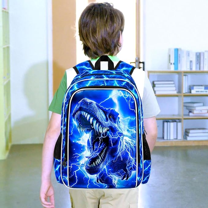 17" Dinosaur Backpack for Boy, 3Pcs Lightning Bookbag for Elementary Preschool Kindergarten, Kids School Backpacks with Lunch Box (Blue)