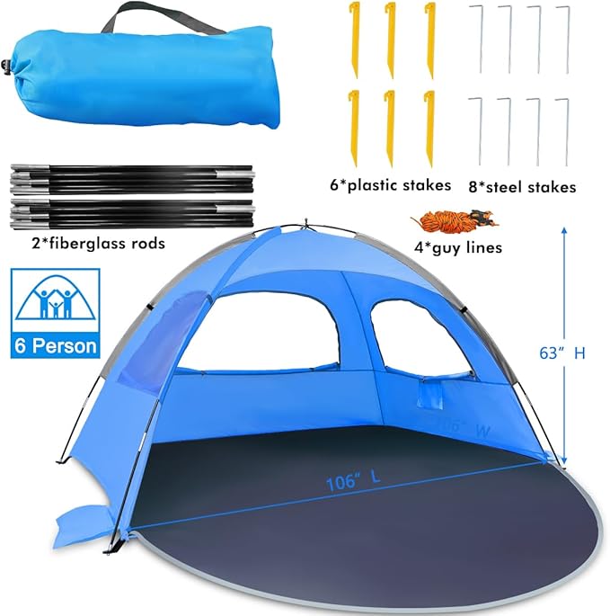 NXONE Beach Tent Sun Shelter with UPF 50+ UV Protection, Lightweight Easy Setup Portable Beach Canopy for Family, Large Space for Beach, Camping & Outdoor, 3/4/6 Person