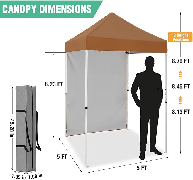5x5 Pop Up Canopy Tent with One Sidewall, Instant Portable Beach Canopy, Outdoor Tent with Carry Bag for Camping, Sports, Tailgating, Events, Khaki
