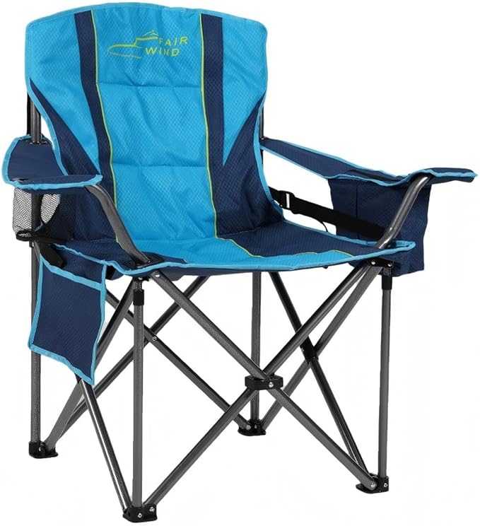 FAIR WIND Heavy Duty Camping Chair, Oversized Padded Folding Chair for Big and Tall (450lbs), Extra Wide Seat with Integrated Cooler & Storage Pocket, Adjustable Lumbar Support for Outdoor