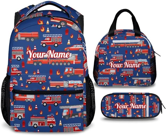 Custom Boys Backpack, 3 in 1 Fire Truck School Backpacks Matching Combo for Kindergarten Preschool, Personalized Name Durable Truck Bookbag and Pencil Case Bundle for Kids Toddlers