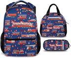 Custom Boys Backpack, 3 in 1 Fire Truck School Backpacks Matching Combo for Kindergarten Preschool, Personalized Name Durable Truck Bookbag and Pencil Case Bundle for Kids Toddlers