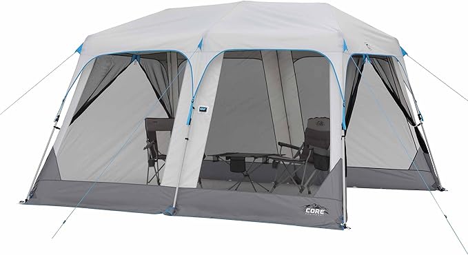 CORE 12’x10' Lighted Instant Screen House | Folding and Portable Large Pop Up Canopy Shelter with LED Lights | Perfect for Family Camping, Outdoor, Picnic, Backyards, BBQ, Tailgate, Patio and Party