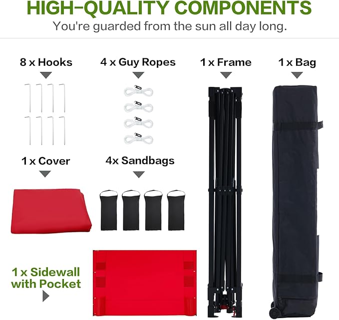 10'x10' Pop Up Canopy Tent with 1 Sidewall and 6 Pockets, One Push Setup, Instant Shade Tent with Vented Roof for Beach Patio Outdoor, Case, 8 Stakes, 4 Ropes, 4 Sandbags (Red, 10x10)