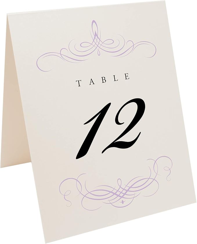 Decadent Flourish Wedding Table Numbers (Select Color/Quantity), Champagne, Lavender, 1-60, Double Sided, Tent or Use in a Stand, Great for Parties & Restaurants