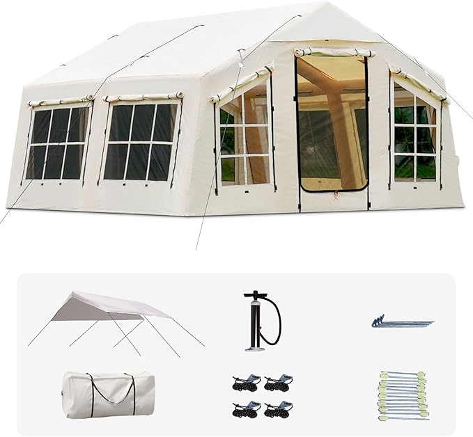 2025 Upgraded Waterproof Inflatable Camping Tent, Large Blow-Up Air Tent, No Assembly Needed Luxury Glamping House, Oxford Fabric