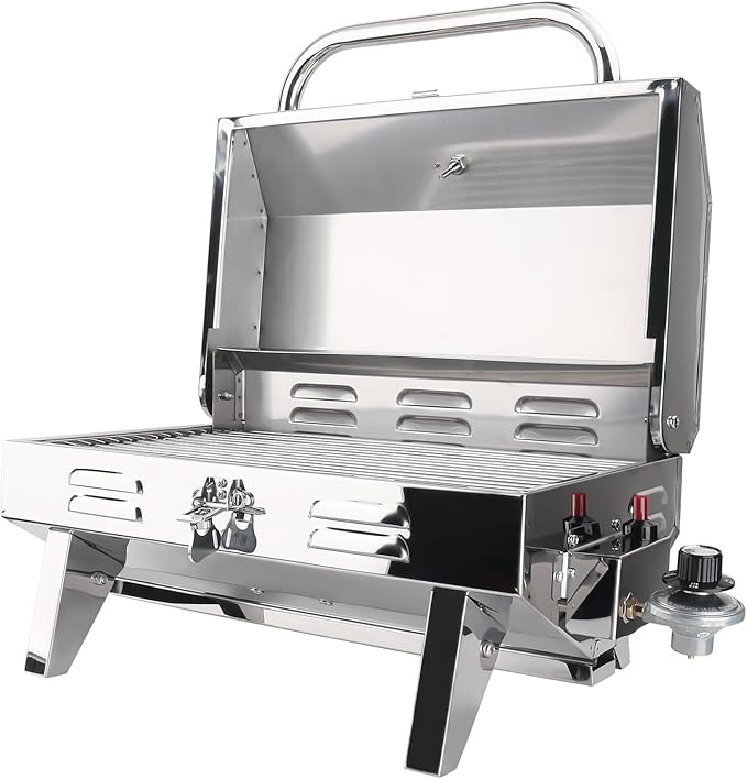 Boat Grill, 304 Stainless Steel Marine Grills w/Rod Holder Mount, Portable Propane BBQ for Boats & Tailgating & Camping, Built in Thermometer (Grill)