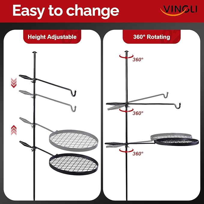 VINGLI Swivel Camping Firepit Grill, Foldable Campfire Steel Grate w/Griddle & Storage Bag, 360° Adjustable, Open Fire Outdoor Cooking Equipment, Parties, Activities, Families Use 30'' x 13'' x 48''