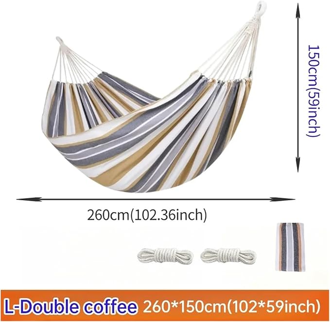 Canvas Single Hammock Thick Durable Striped Indoor Courtyard Camping Swing Chair Hammocks Home Outdoor Furniture(Coffee-L-260X150CM)