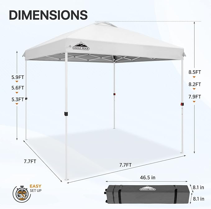 EAGLE PEAK Pop Up Canopy Tent with Wheeled Carry Bag, 8 Stakes, 4 Ropes, Easy Set Up Tent Canopy, 8x8 ft, White