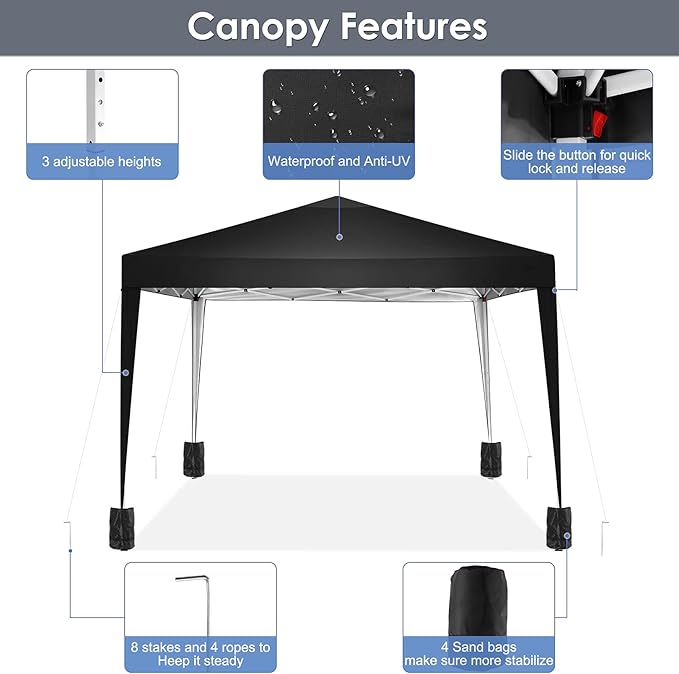 COBIZI Canopy 10x10 Pop Up Canopy Tent Party Tents for Parties Weddings Backyard Waterproof Canopy Outdoor Commercial Canopy Event Tent with Stakes, Ropes, Sandbags, Black
