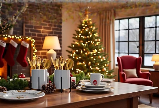 Stable Cutlery Holder White Ceramic With Metal Bracket Robust Silverware Caddy(1 pieces)4.33-3.14 inch Square golden 1pcs