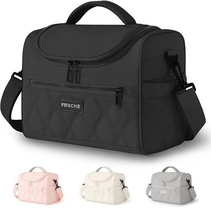 Lunch Bag for Women Soft,Reusable Lightweight Lunch Cooler with Straps,Leakproof Lunch Box for Work Picnic Camping Beach,Black