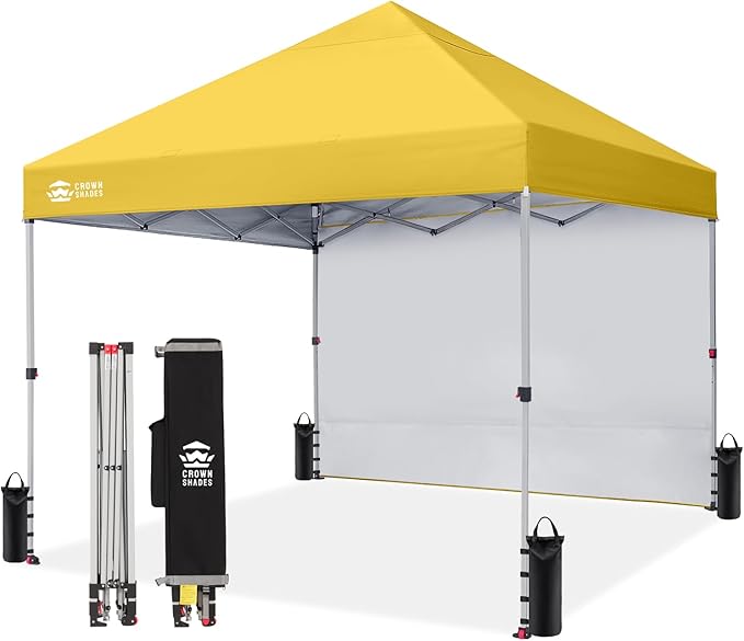 CROWN SHADES 8x8 Pop Up Canopy with 1 Side Wall - Beach Tent with One Push Setup - Outdoor Sun Shade for Events, Parties, Camping - Gazebo with STO-N-Go Cover Bag (Yellow)